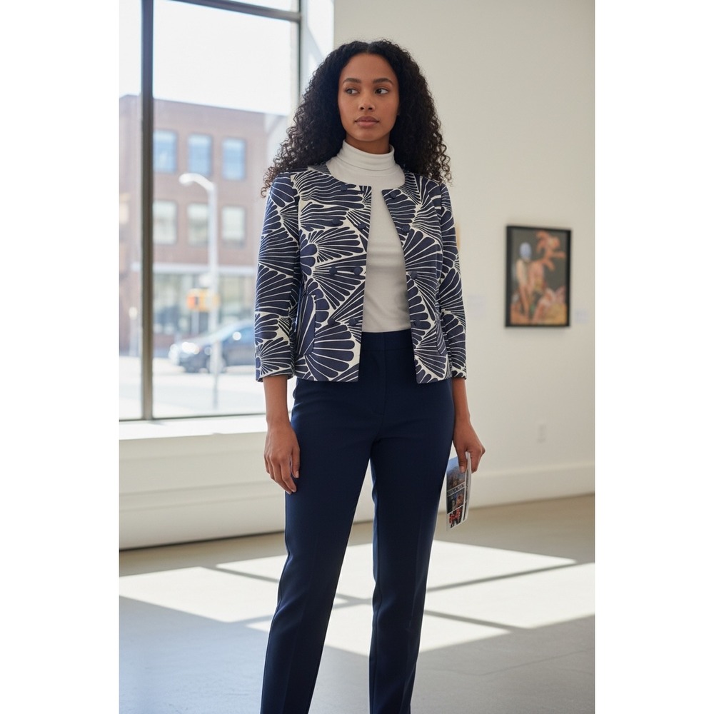 J. Crew Navy White Graphic Shell Print Cropped Blazer Jacket 3/4 Sleeve Size 4